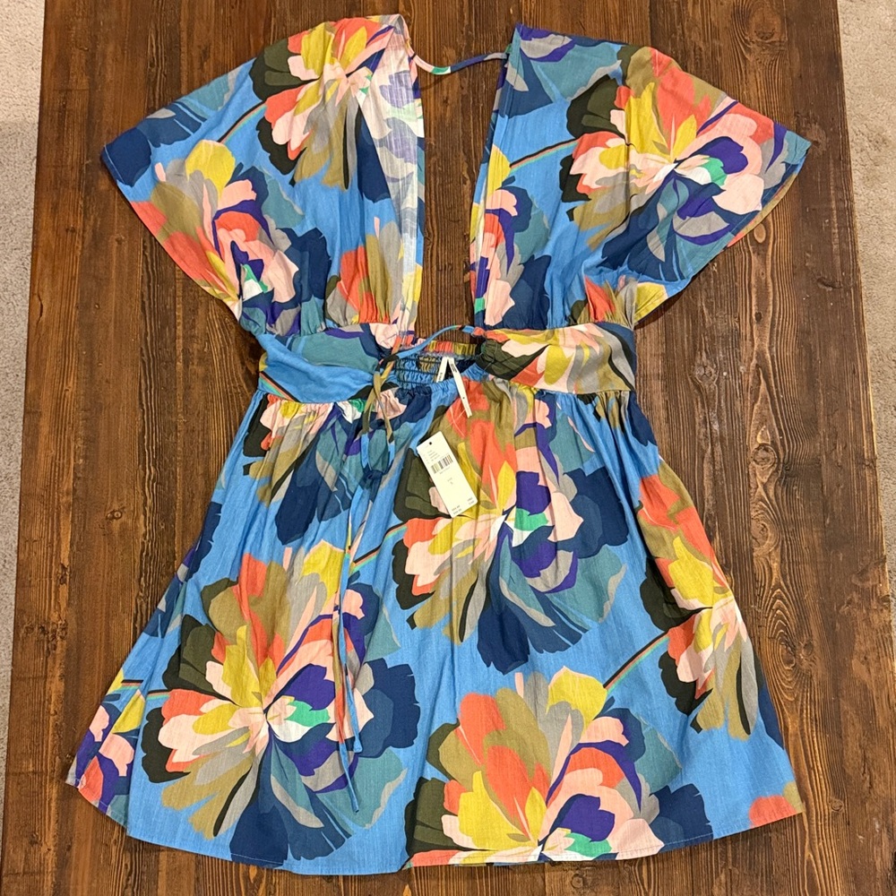 Anthropologie Floral Tie Waist Mini Dress Blue Multicolor Size Small NWT
